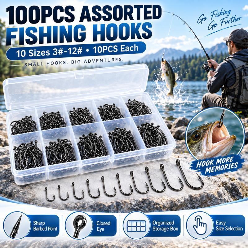 Fishing Hook Assortment - 100개들이 낚싯바늘 세트, 10가지 크기 #